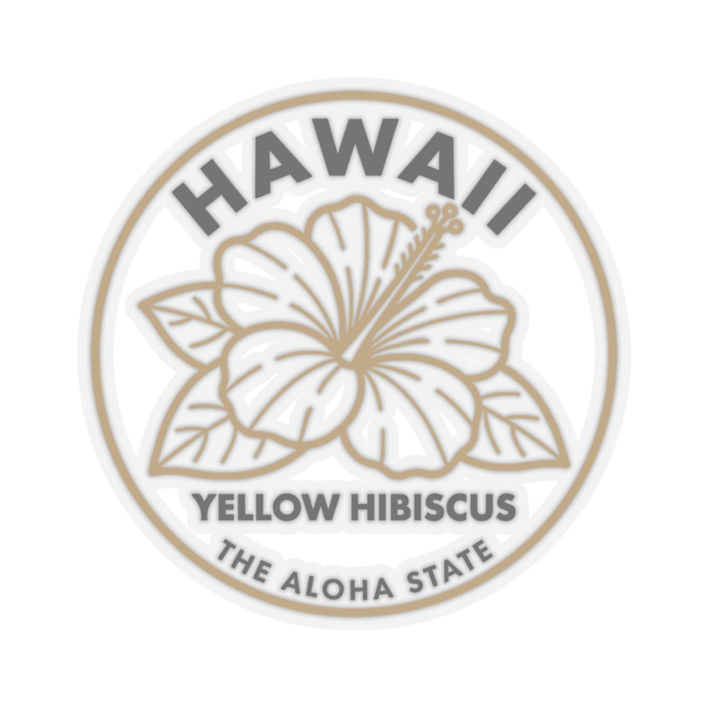 Round Hawaii sticker featuring line-art yellow hibiscus and gray ring text