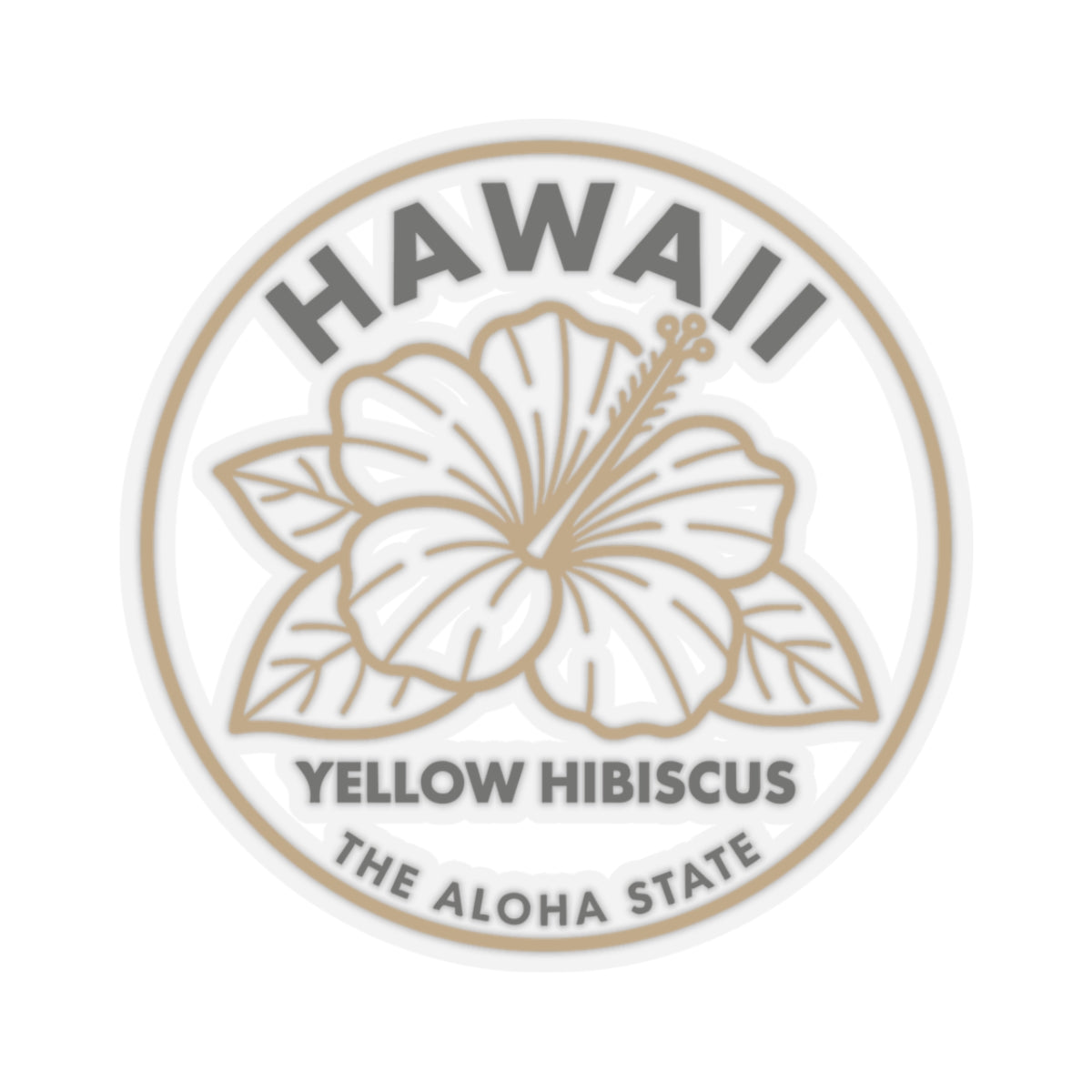 Round Hawaii sticker featuring line-art yellow hibiscus and gray ring text