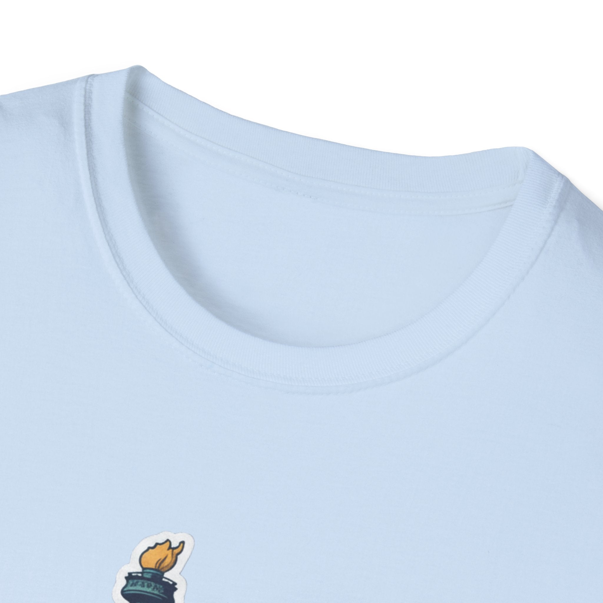 Light Blue T-shirt neckline with partial flame graphic detail