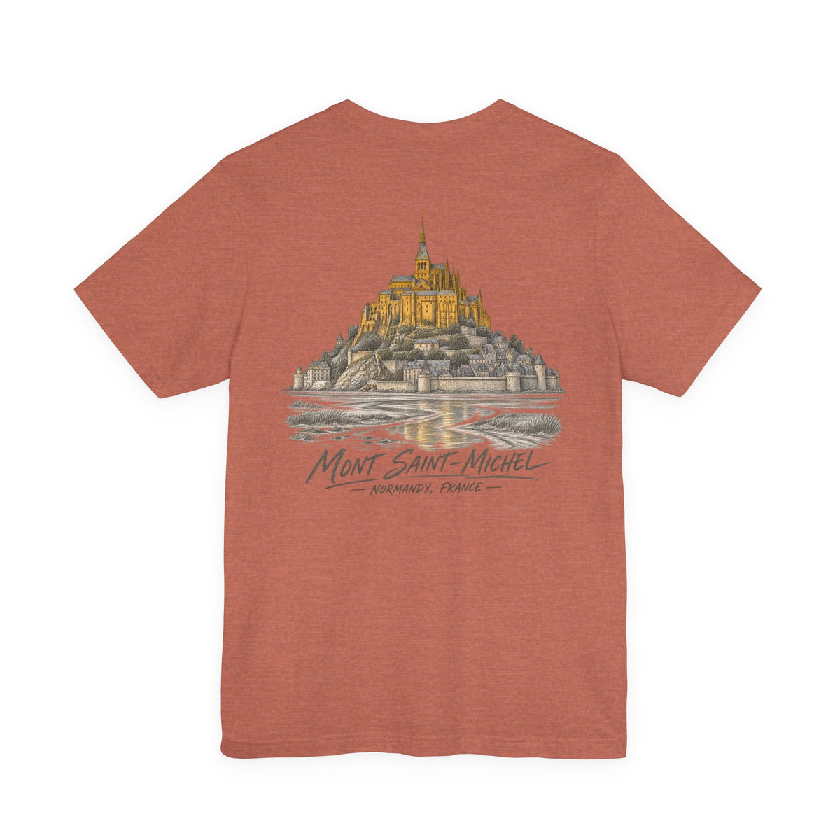 Rust brown crew-neck T-shirt with large vintage castle stamp graphic on chest