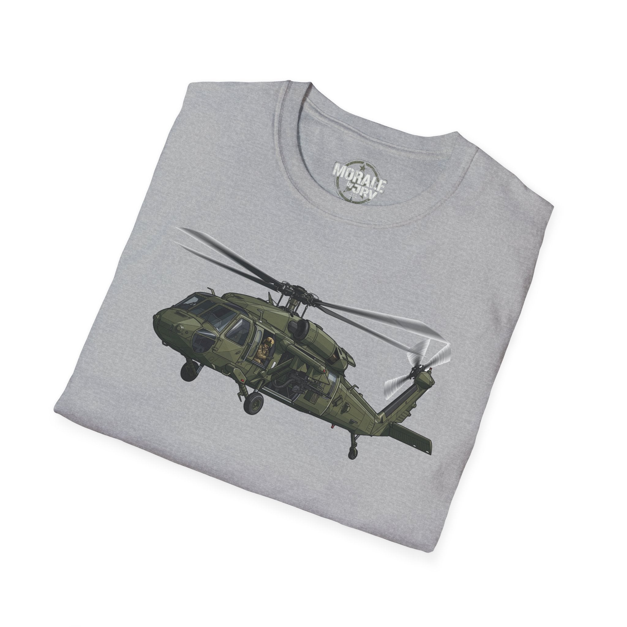 Black Hawk T-Shirt in Dark Heather Grey, helicopter graphic across chest
