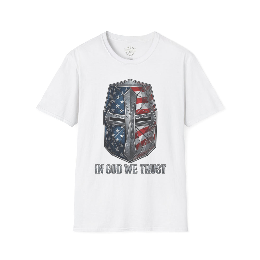 White T-Shirt with American-flag crusader helmet graphic and “IN GOD WE TRUST” text