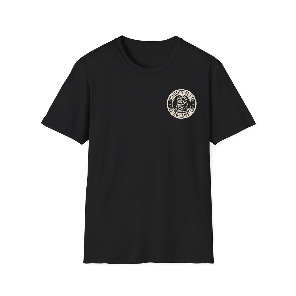 Black crew-neck t-shirt with small circular chest graphic logo print
