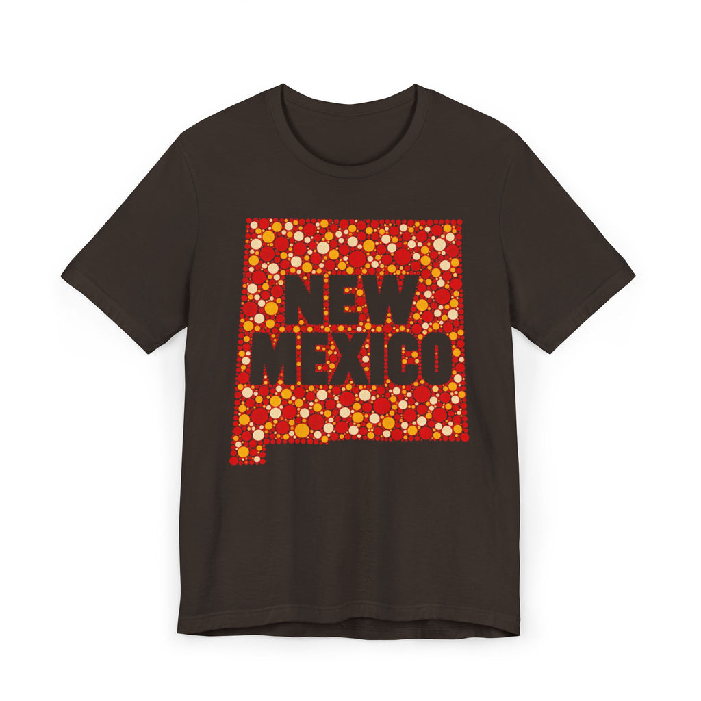Black short-sleeve T-shirt with colorful “New Mexico” patterned graphic front.