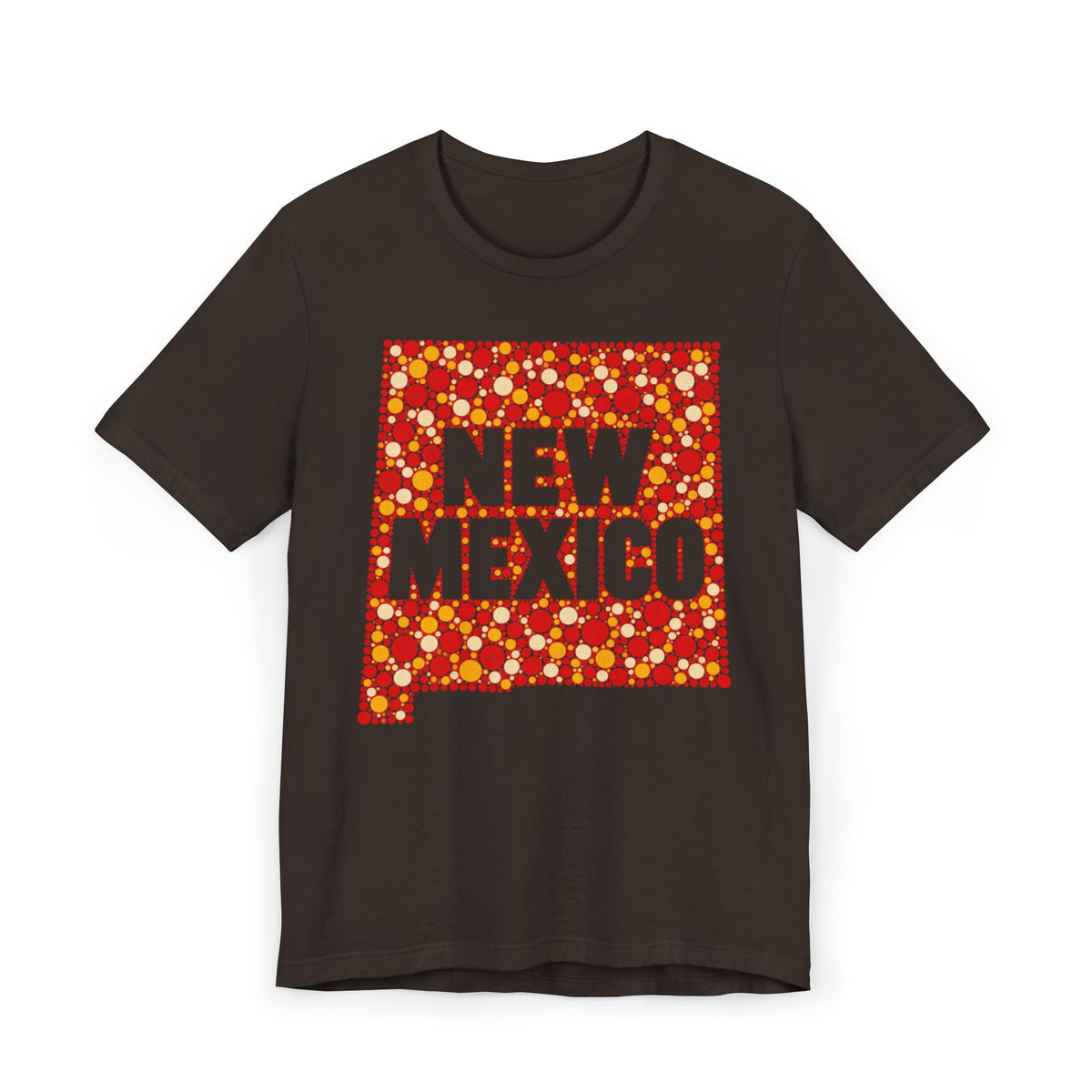 Black short-sleeve T-shirt with colorful “New Mexico” patterned graphic front.