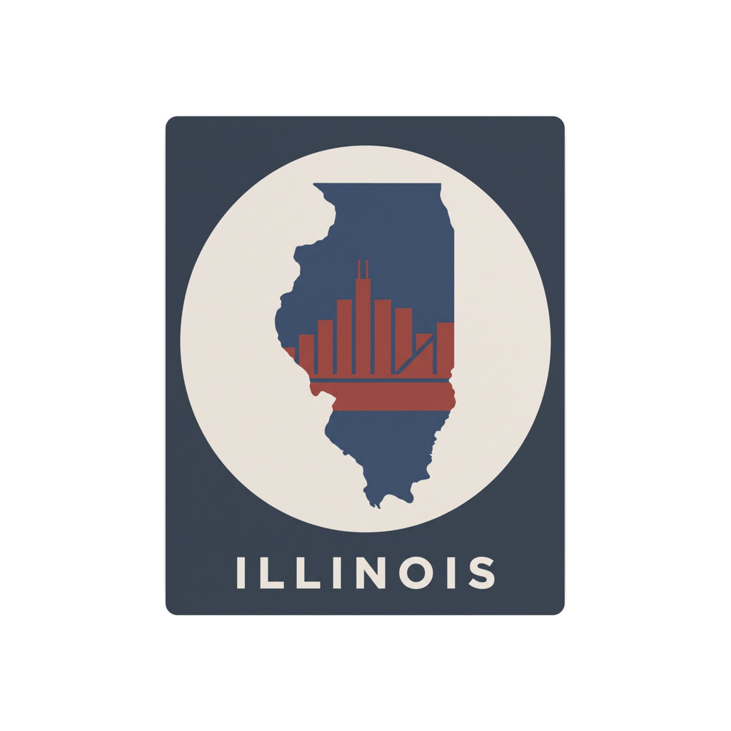 Illinois metal wall art sign: blue square, white circle, state silhouette, red skyline, ILLINOIS