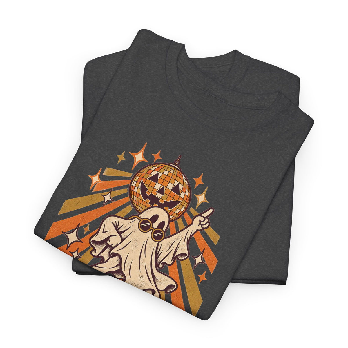 Dark heather gray Halloween graphic T-shirt with dancing ghost and disco ball artwork
