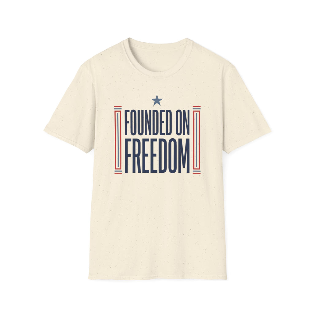 Off-white T-shirt with "Founded on Freedom" graphic and star accents