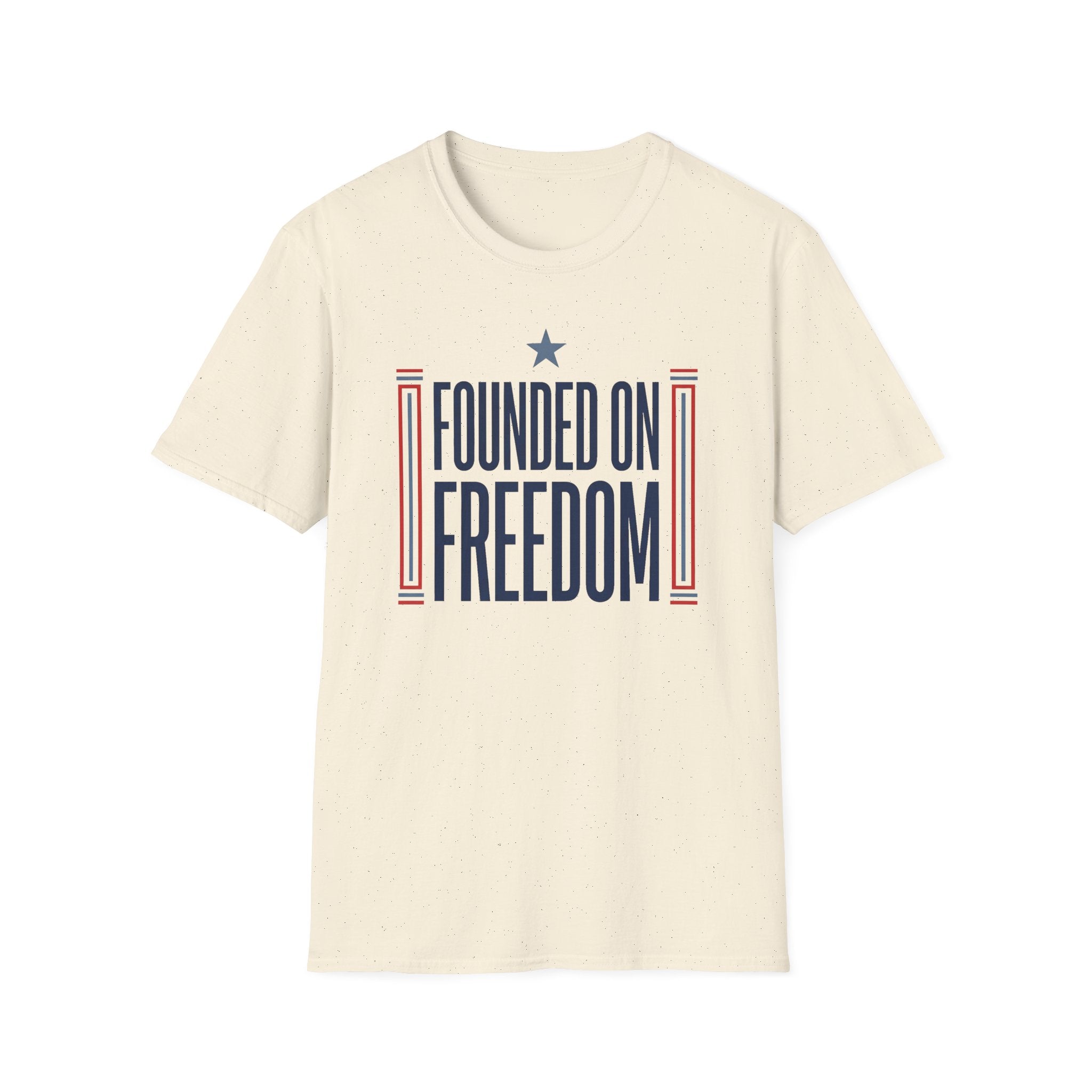 Off-white T-shirt with "Founded on Freedom" graphic and star accents