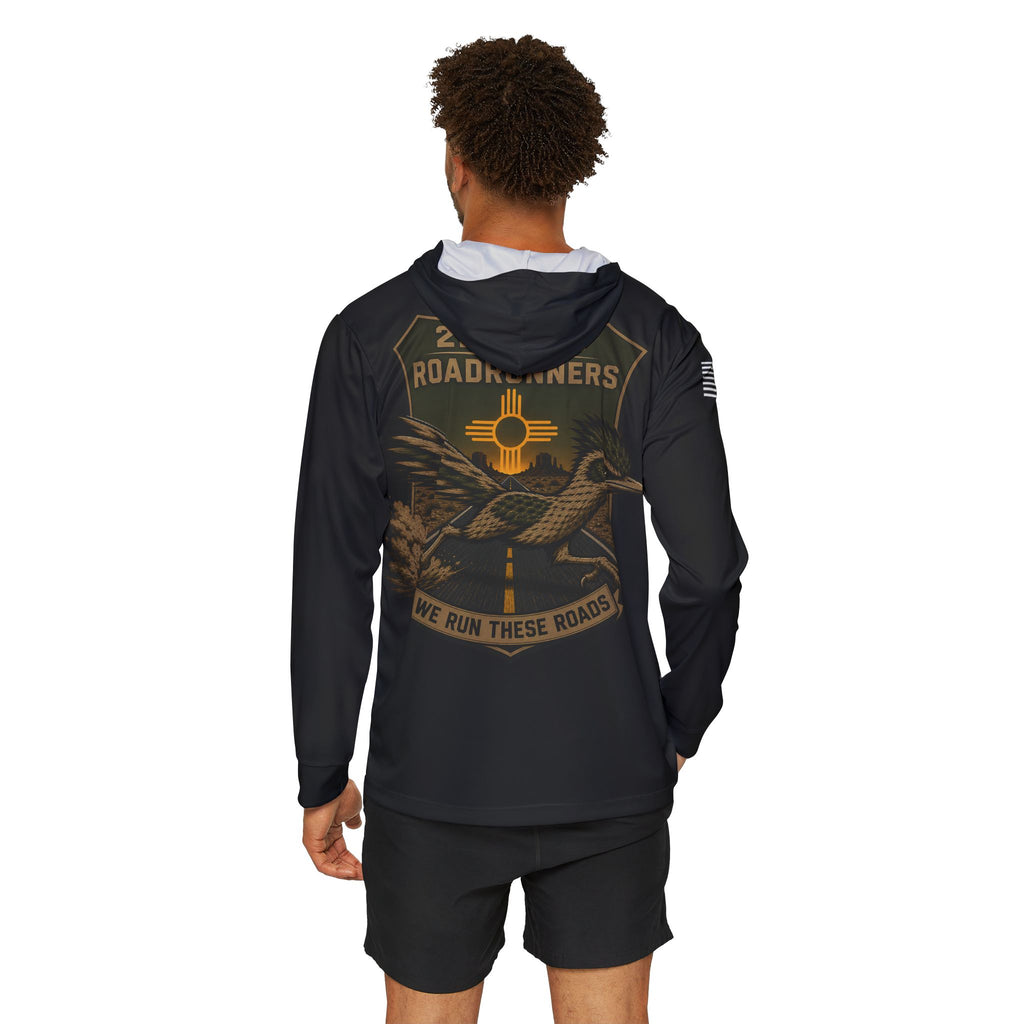 Black hoodie worn by man with large back eagle logo and 'We Run These Roads' text