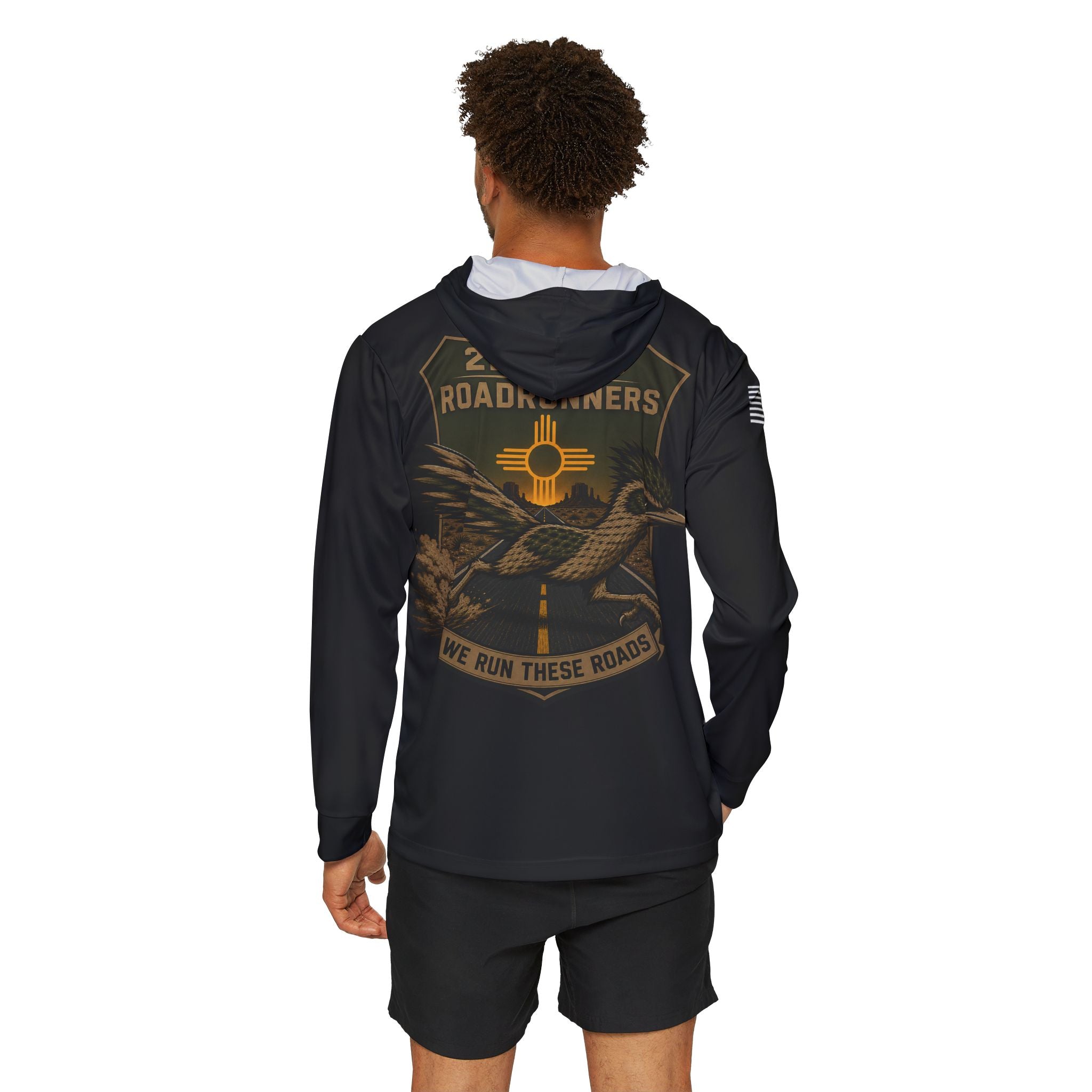 Black hoodie worn by man with large back eagle logo and 'We Run These Roads' text