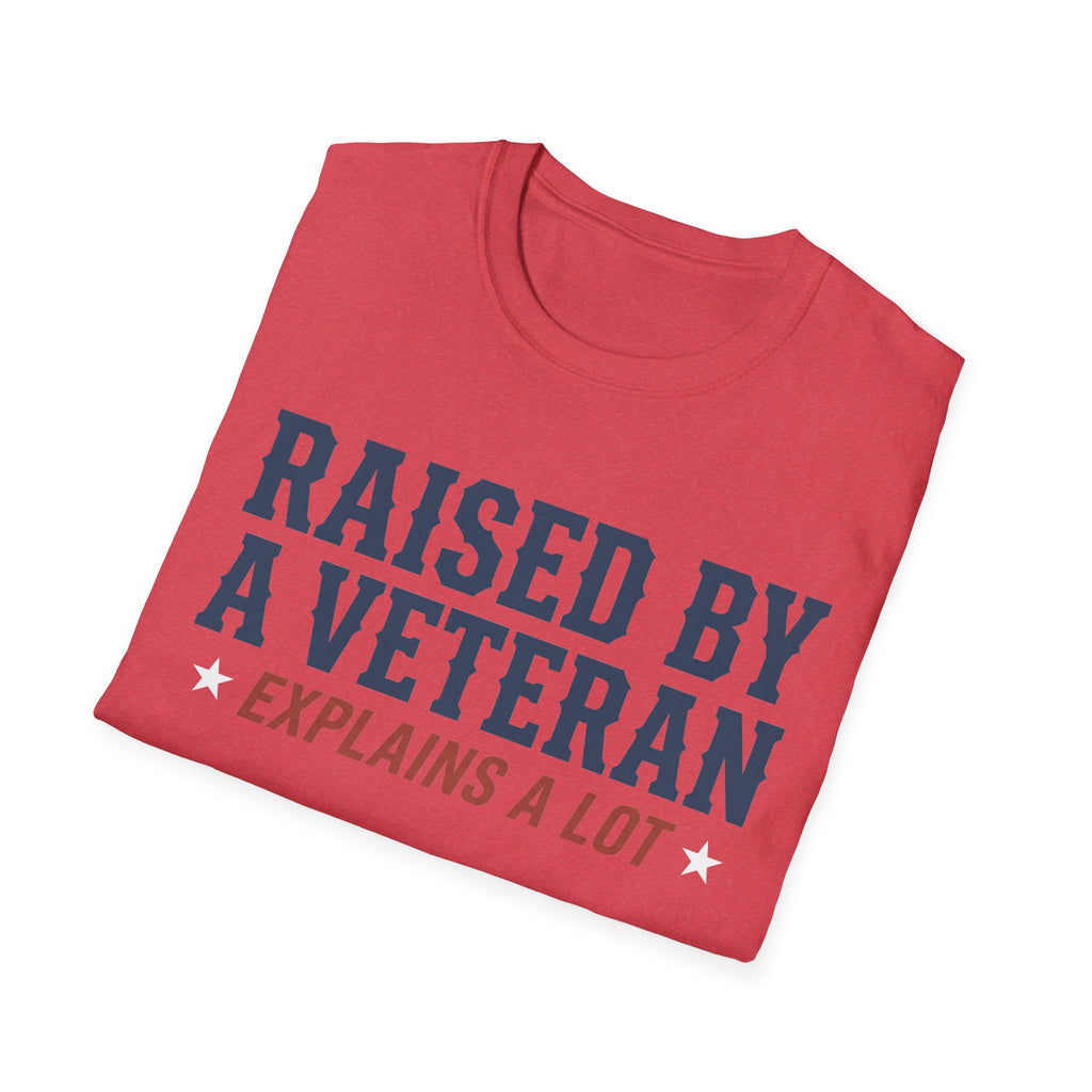 Red crewneck t-shirt with blue and red veteran family slogan graphic