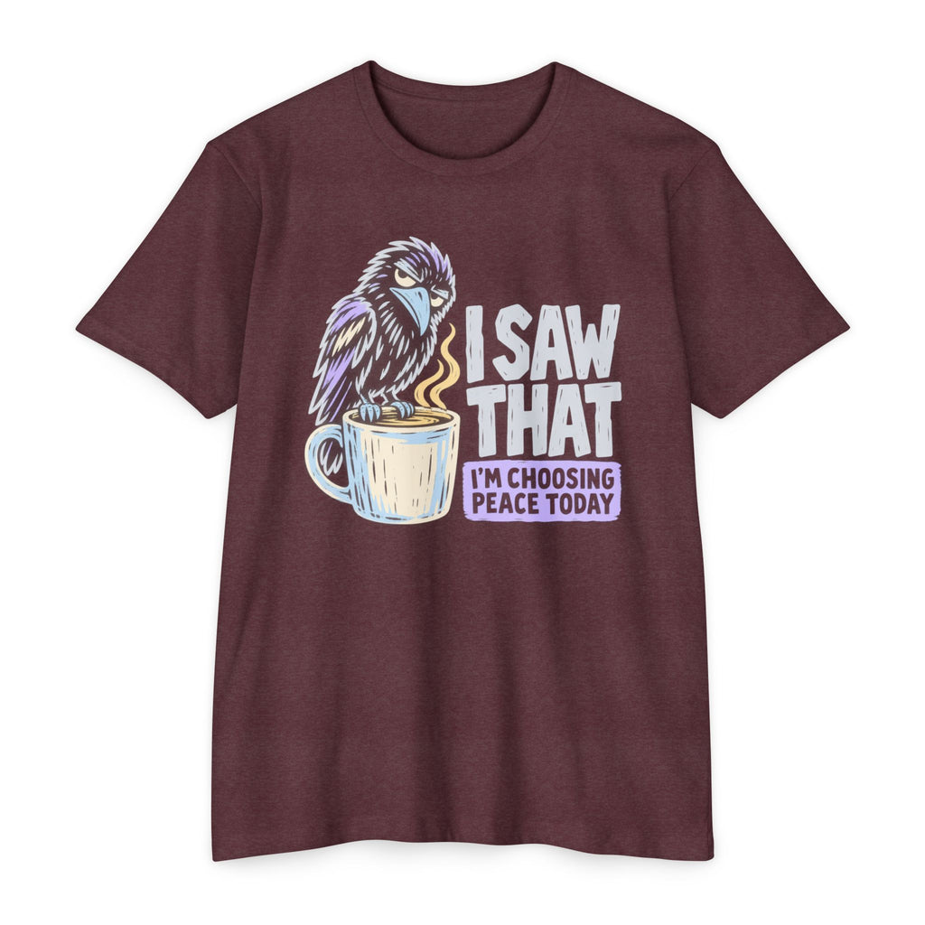 Burgundy t-shirt with raven coffee mug graphic and 'peace today' text, crew neck