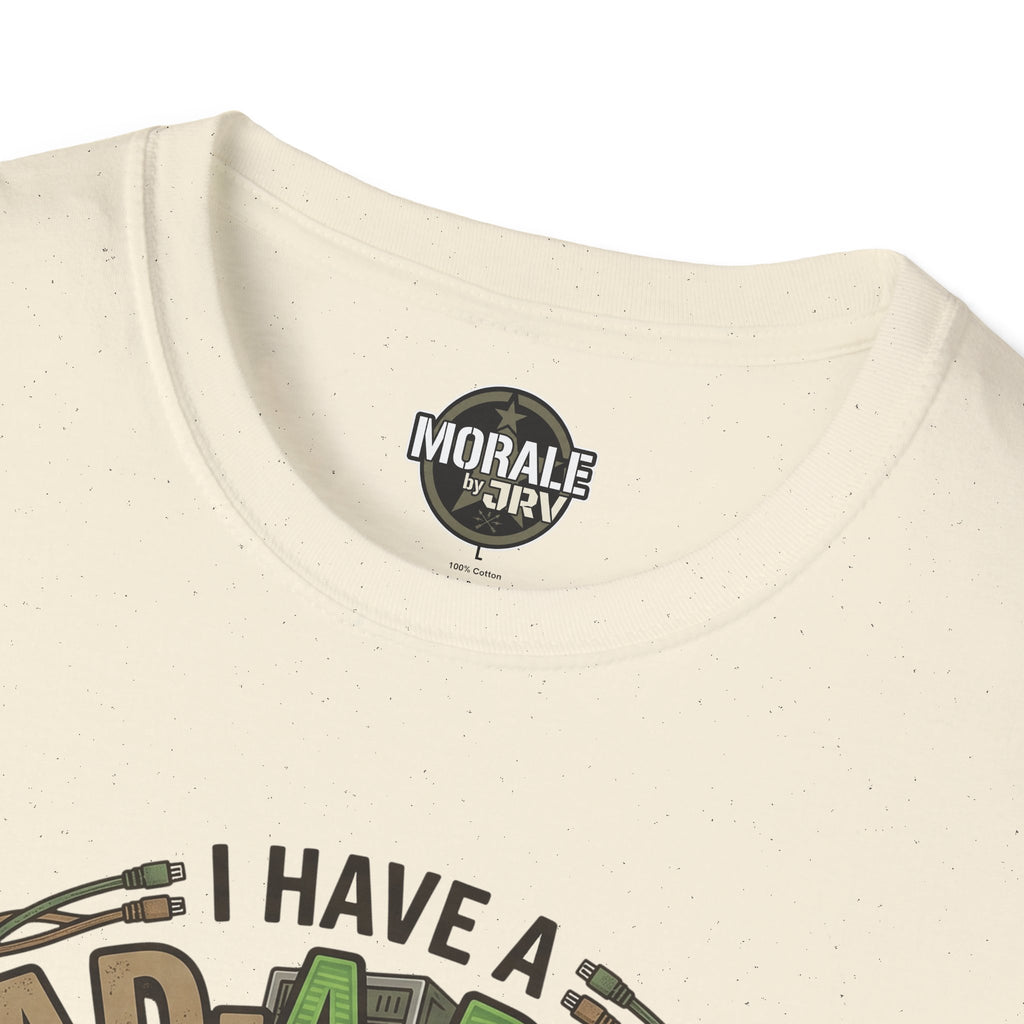 Natural/off-white crew-neck T-shirt collar with small circular logo above graphic text