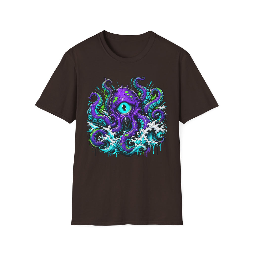 Dark brown crew-neck short-sleeve T-shirt with purple octopus eye front graphic
