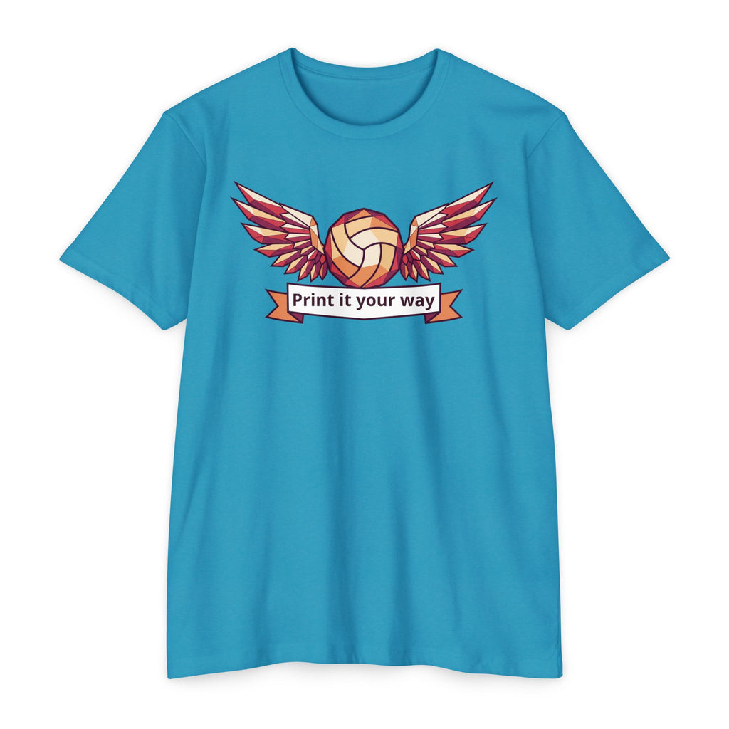 Blue unisex volleyball graphic T-shirt with winged ball emblem on front