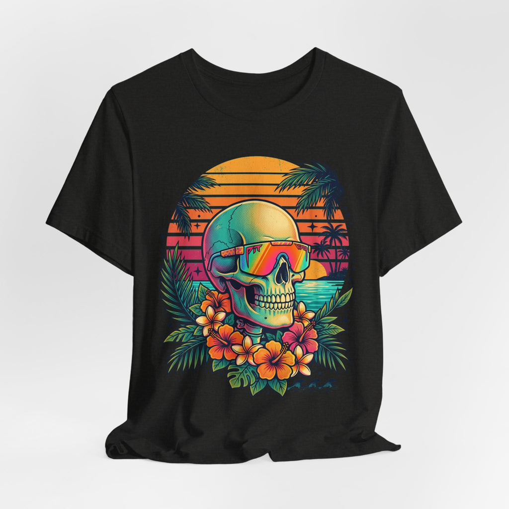 Black T-shirt with tropical skull wearing rainbow sunglasses and hibiscus flower graphic