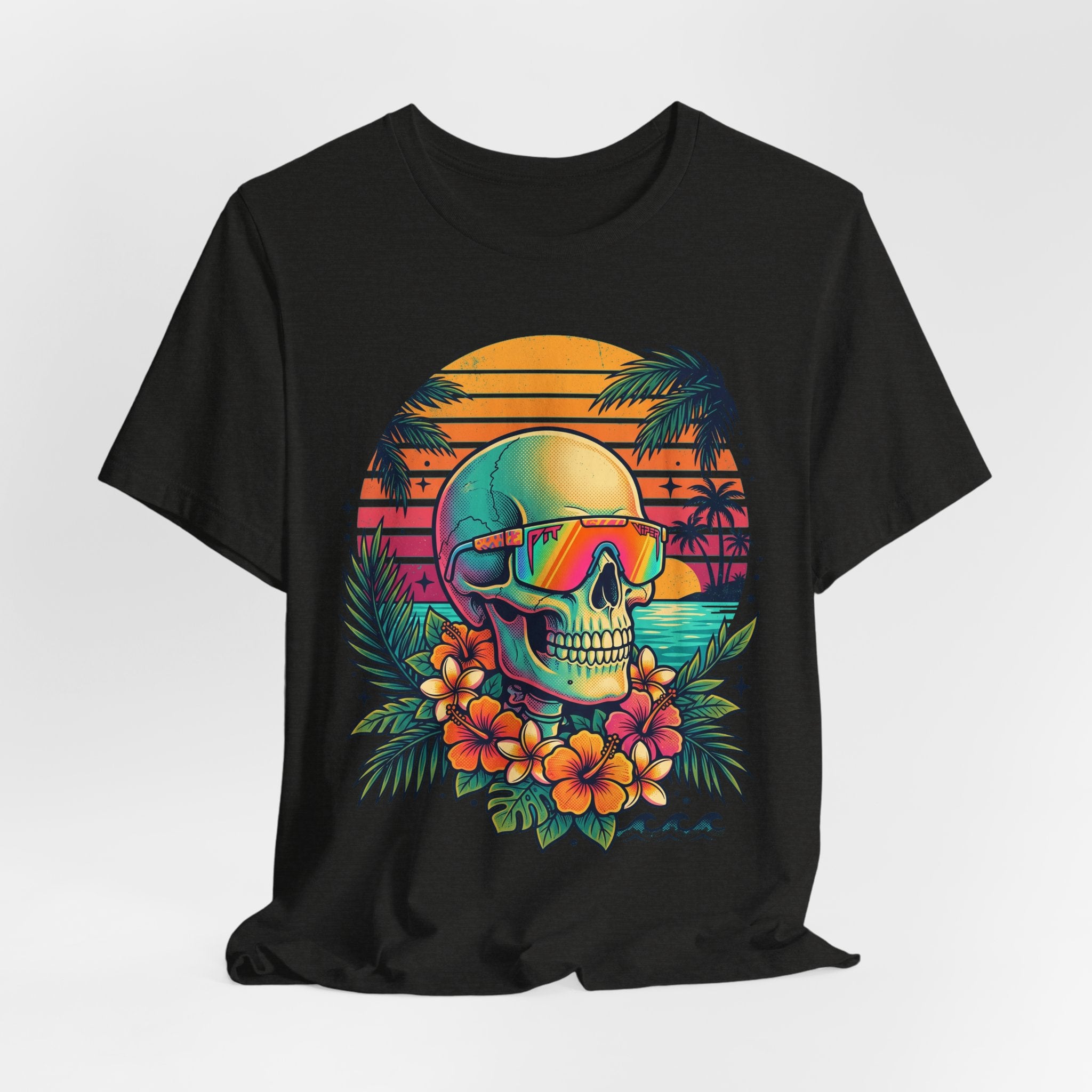 Black T-shirt with tropical skull wearing rainbow sunglasses and hibiscus flower graphic
