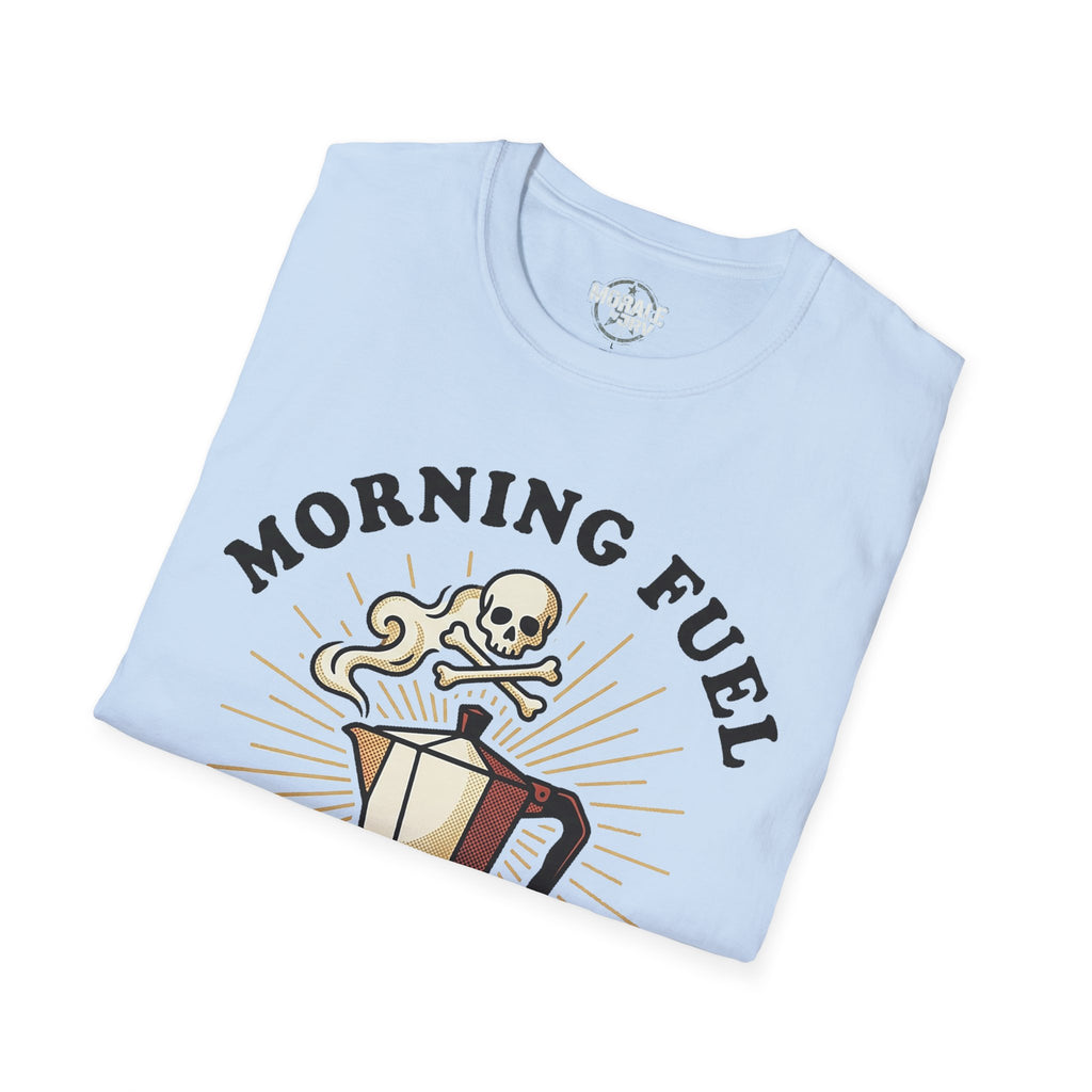 Light Blue t-shirt front with “MORNING FUEL” skull and coffee mug graphic