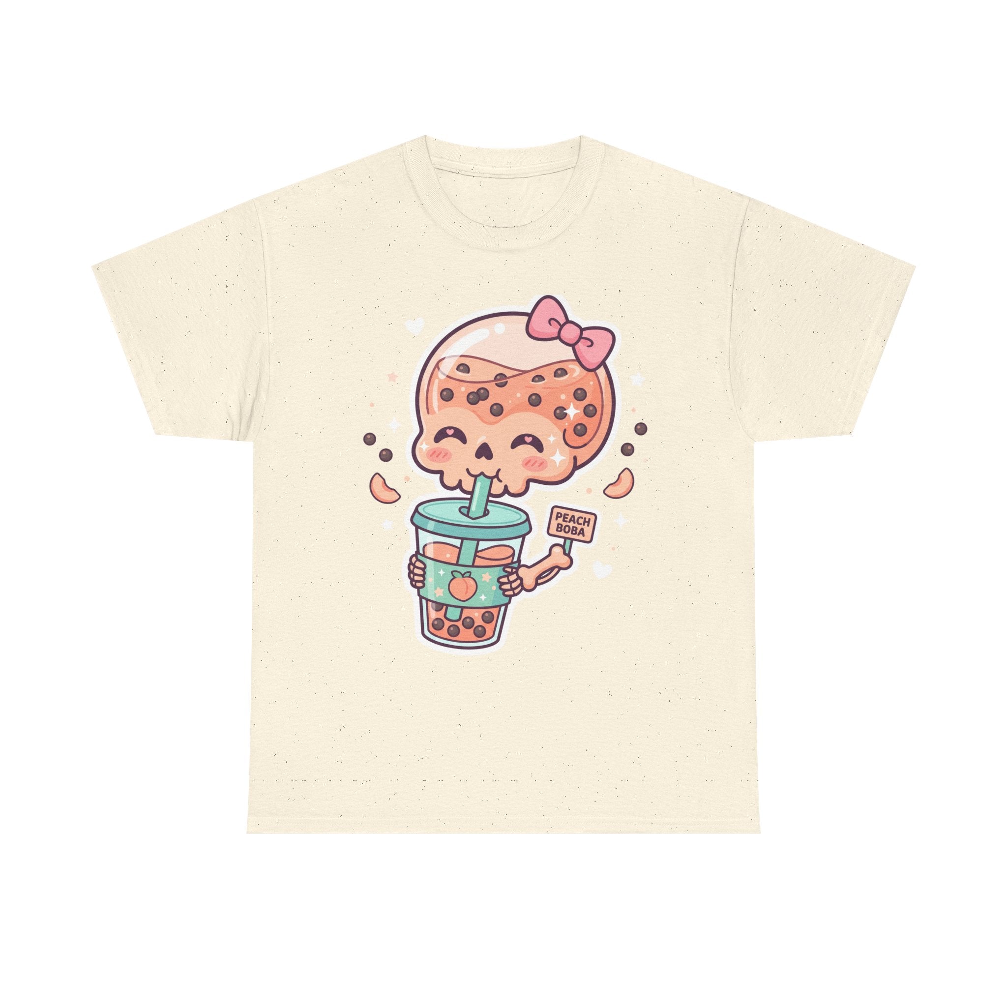 Natural beige T-shirt with kawaii boba tea skull graphic holding a cup