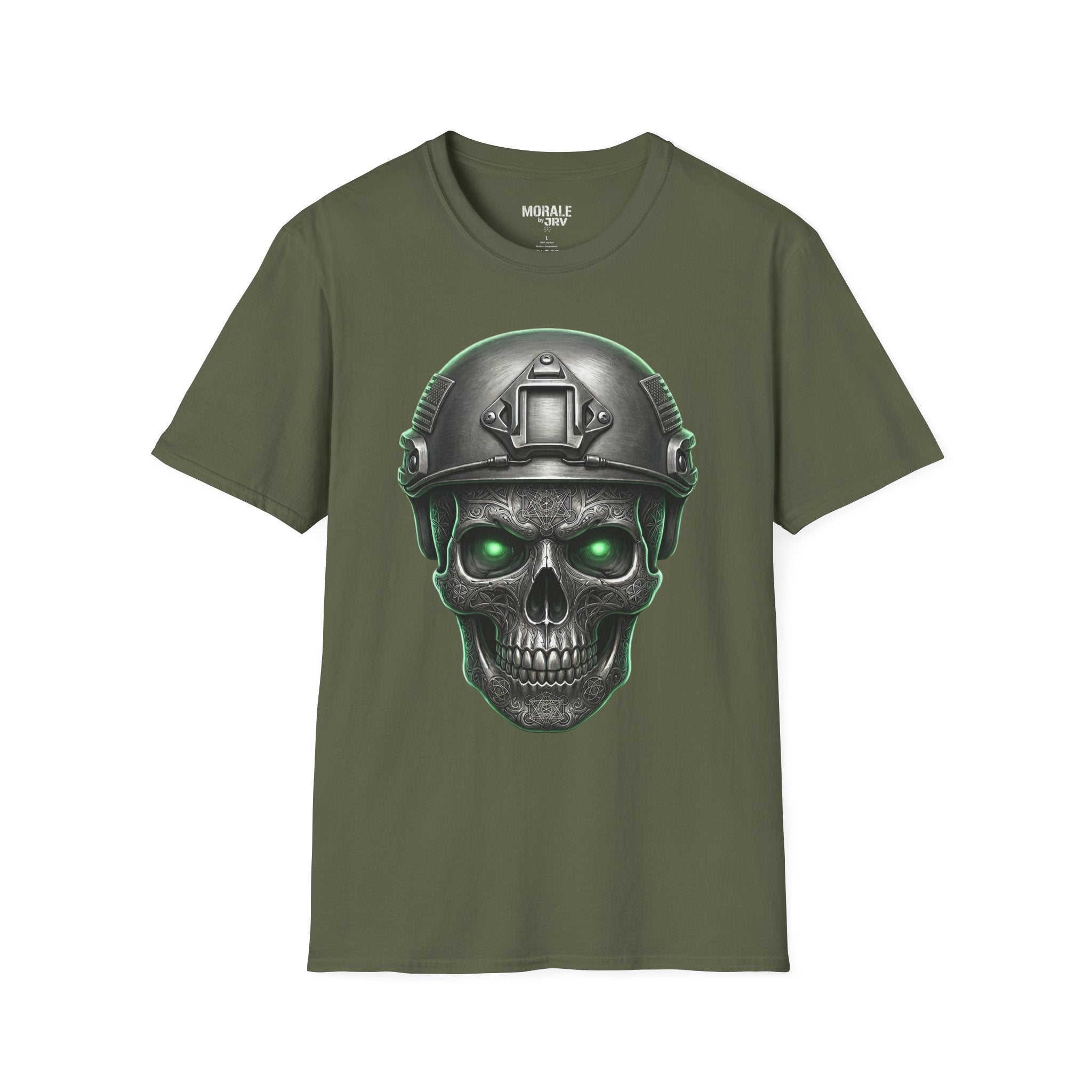 Tactical skull T-shirt con casco y ojos verdes, camiseta military green