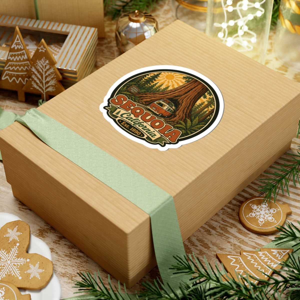 Round kiss-cut sticker with sequoia, camper van, and Sequoia California lettering and date.