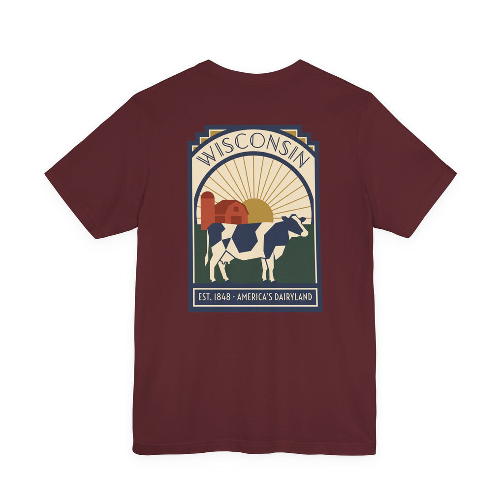 Maroon t-shirt with square Wisconsin dairy cow graphic on the front