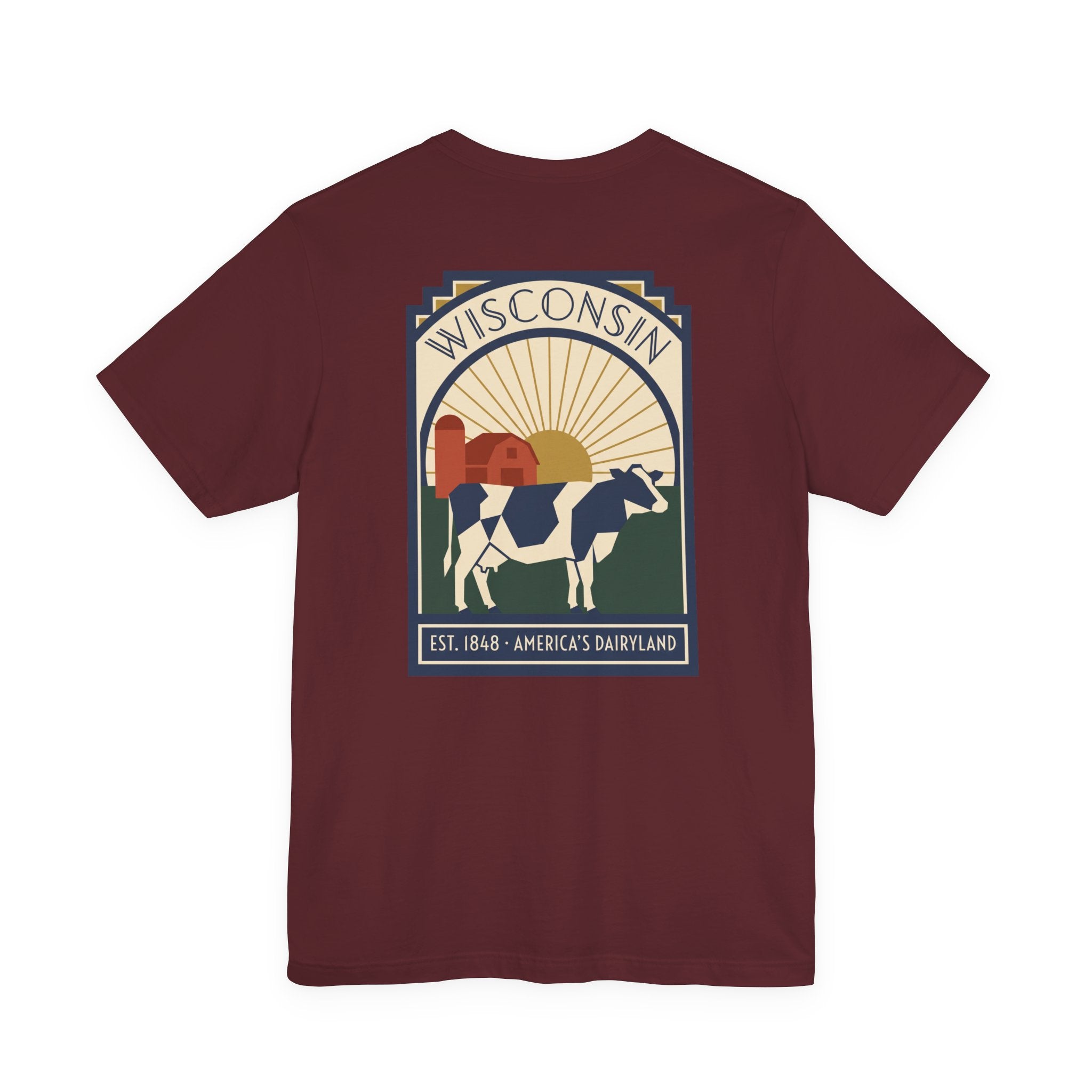 Maroon t-shirt with square Wisconsin dairy cow graphic on the front
