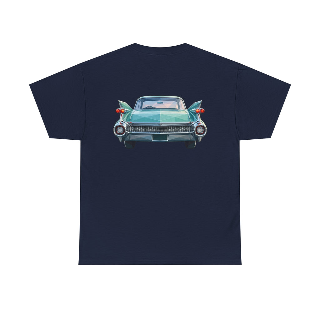 Dark navy crew neck T-shirt featuring a front-view vintage car graphic