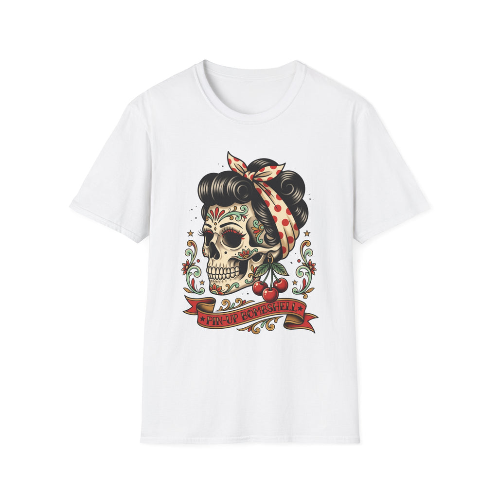 Sugar Skull Pinup T-Shirt in white with colorful tattoo-style skull graphic