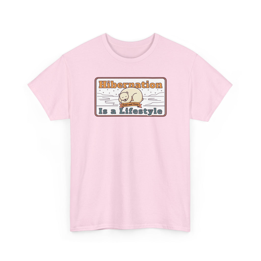 Light pink crew-neck T-shirt with Hibernation text graphic