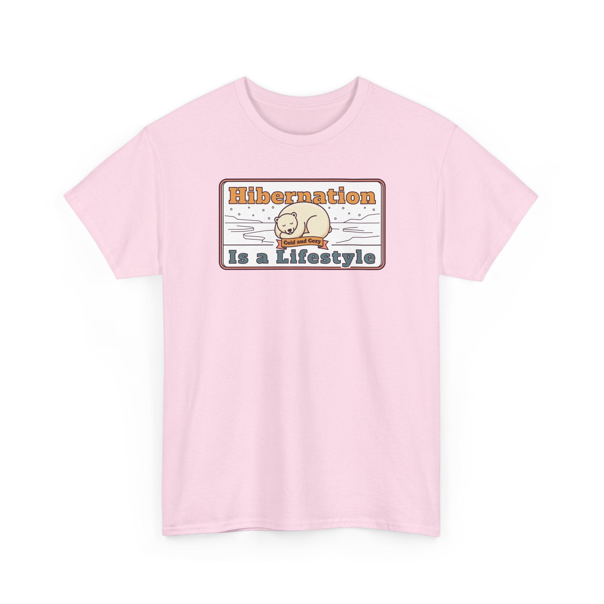 Light pink crew-neck T-shirt with Hibernation text graphic