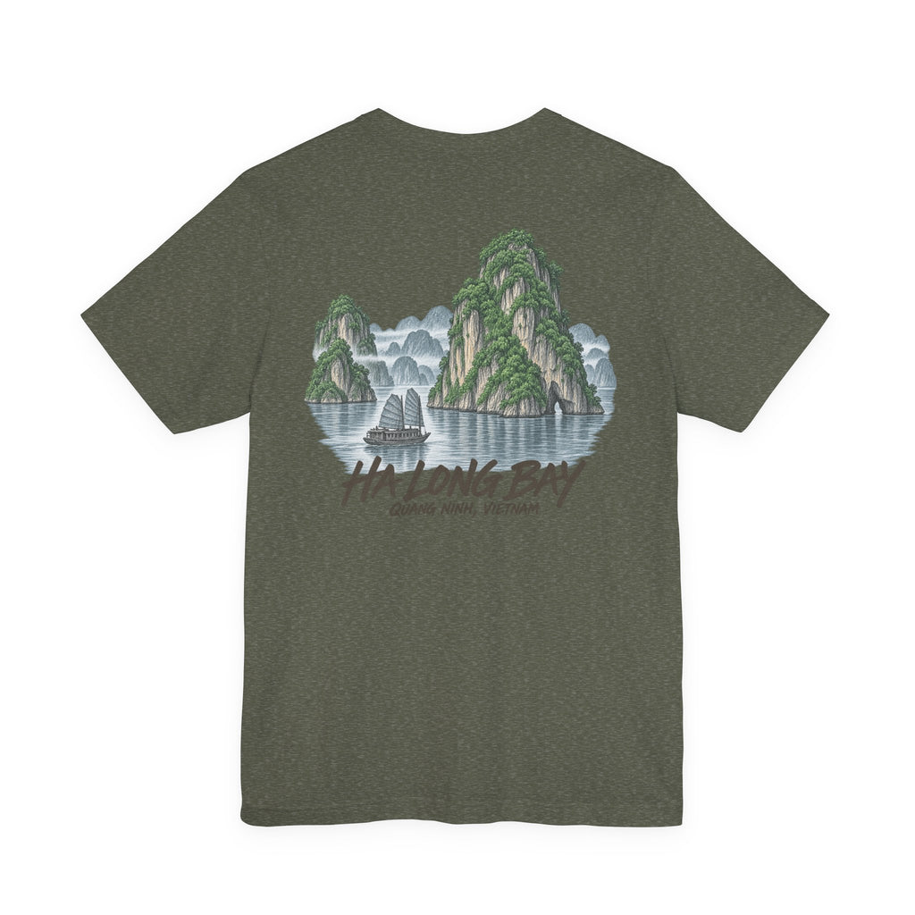 Dark heather gray T-shirt with Ha Long Bay landscape graphic and stylized text