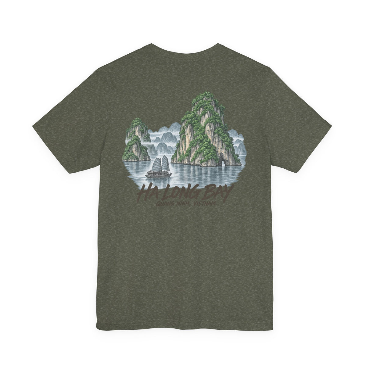 Dark heather gray T-shirt with Ha Long Bay landscape graphic and stylized text