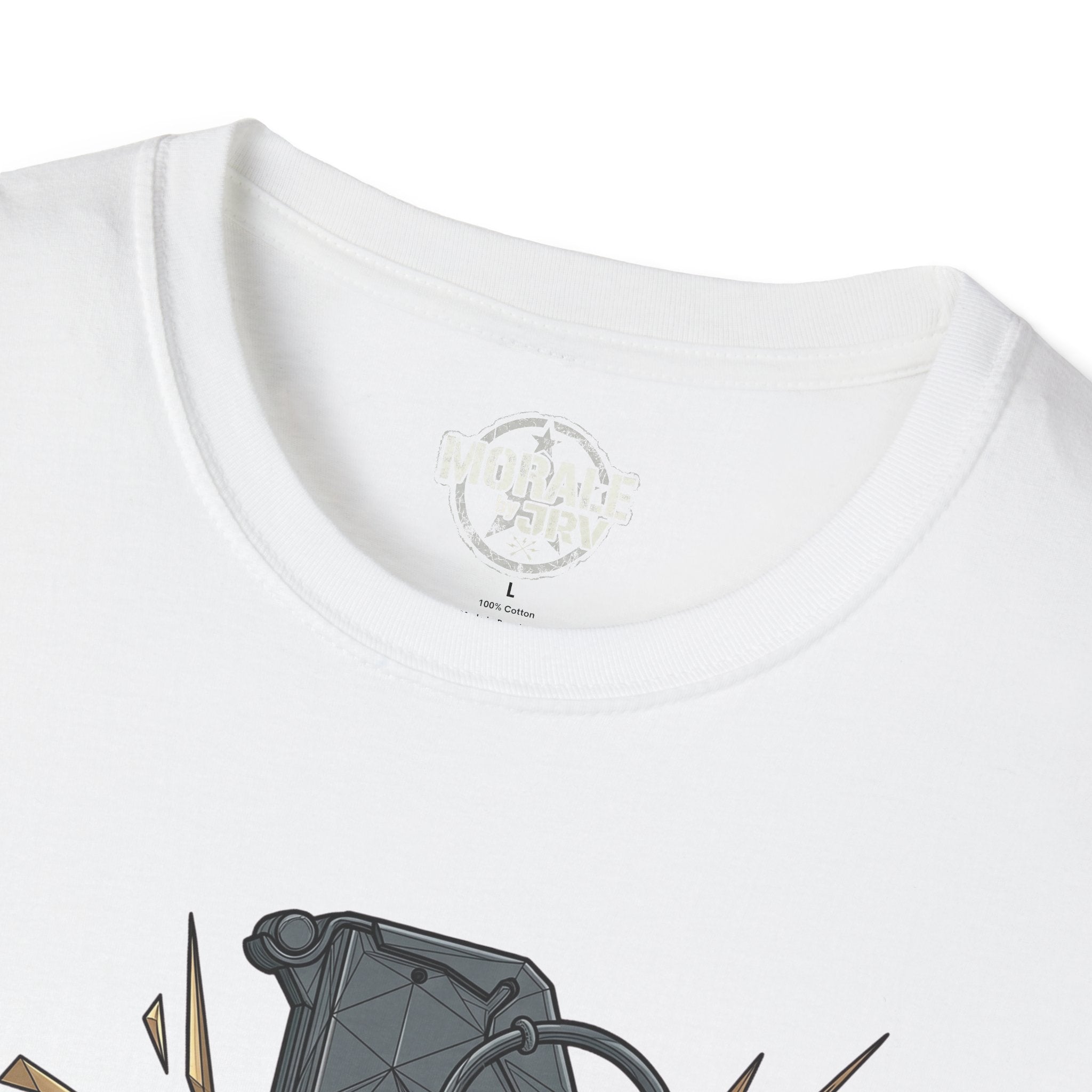 White T-shirt collar close-up with round brand logo and fabric tag