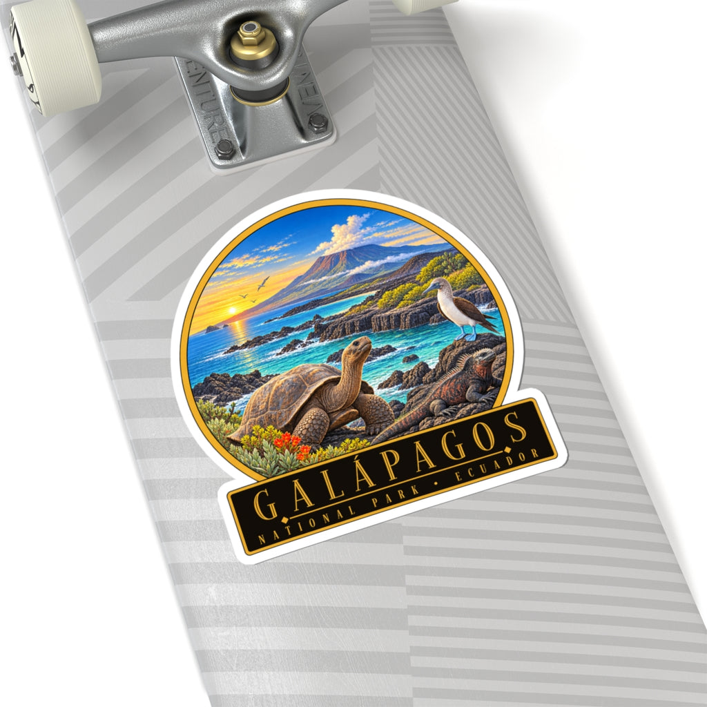 Skateboard deck vinyl sticker graphic with Galapagos tortoises, pelican, and coastline