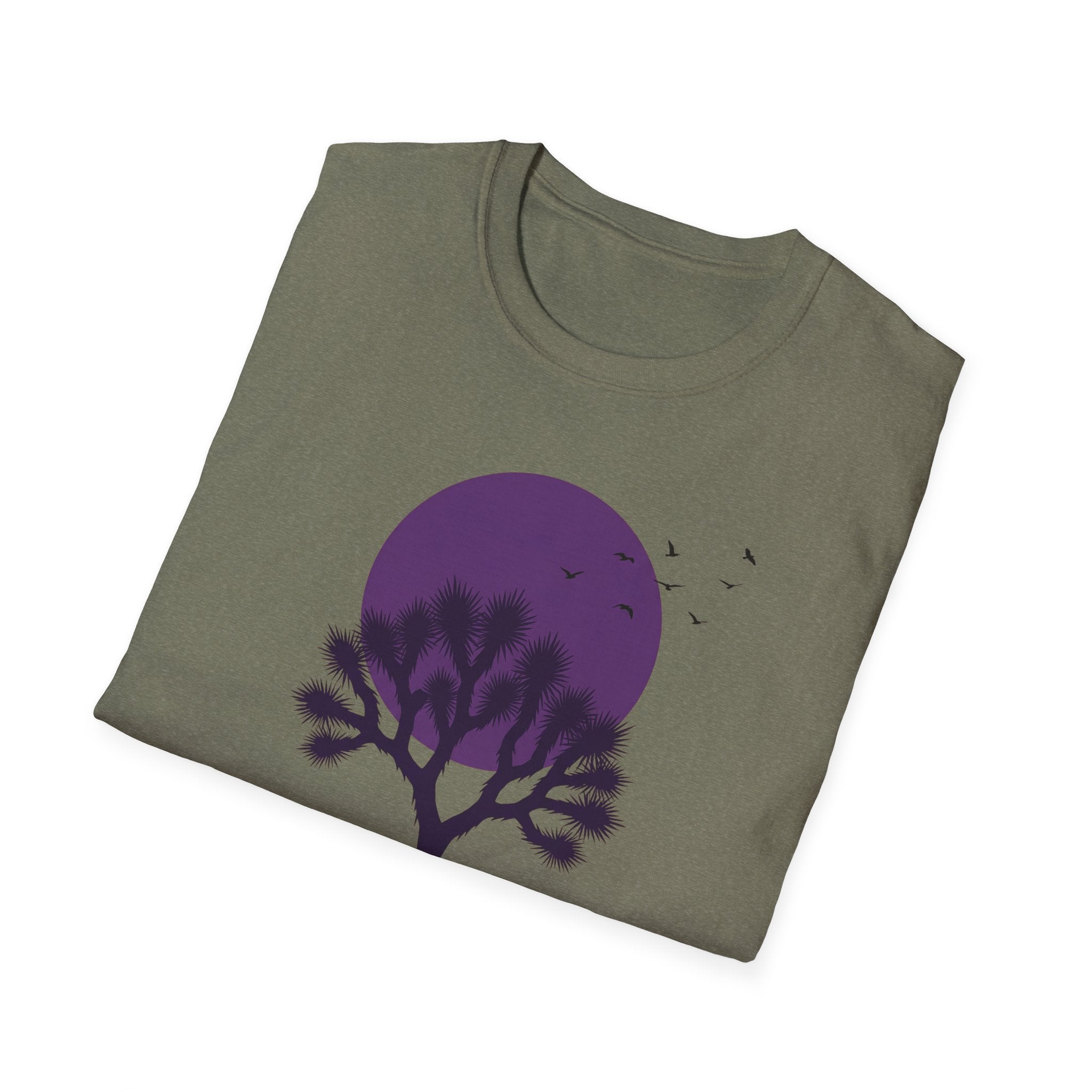 Heather Military Green crew-neck T-shirt with purple moon and Joshua tree graphic