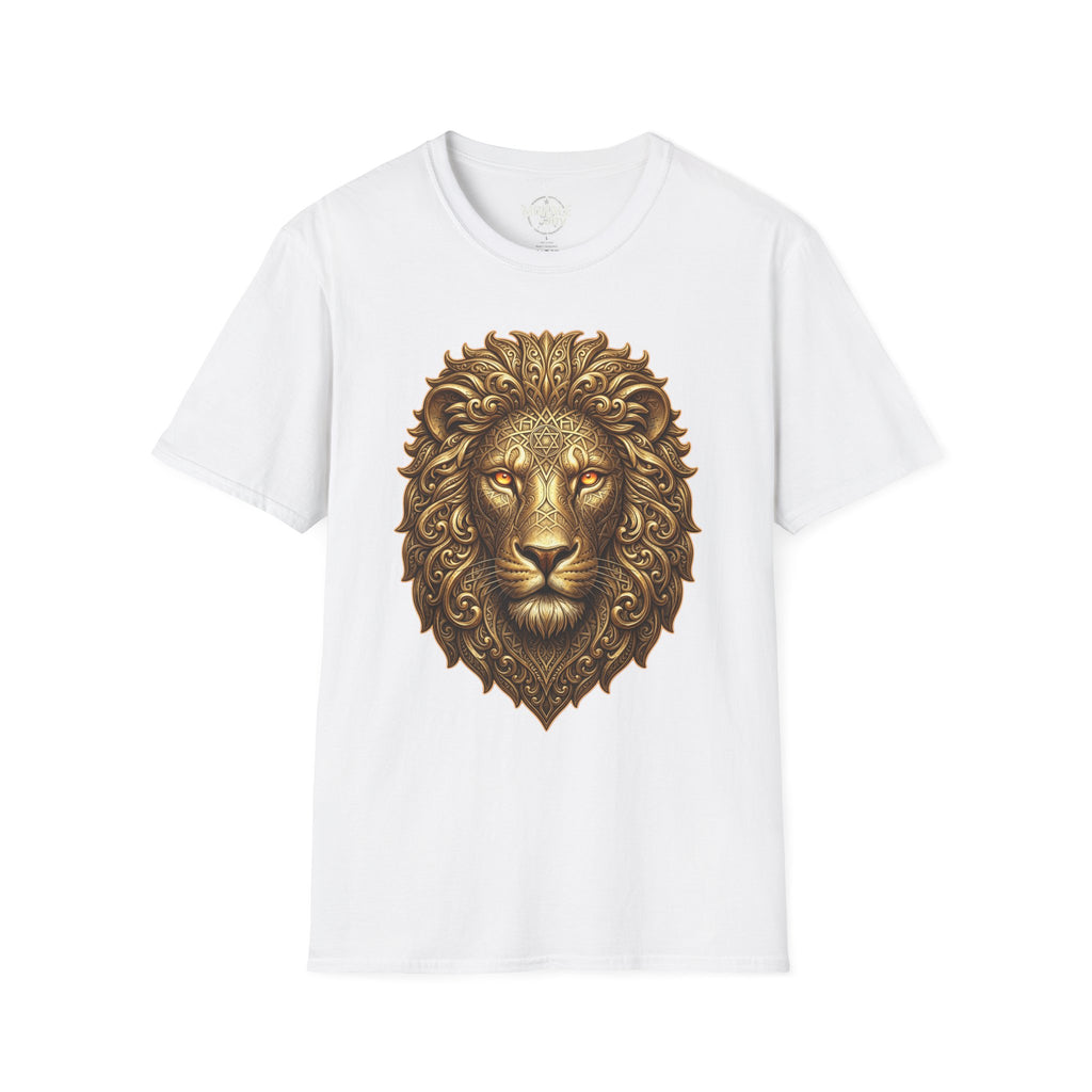 Ornate gold lion head t-shirt on white fabric, detailed mane graphic