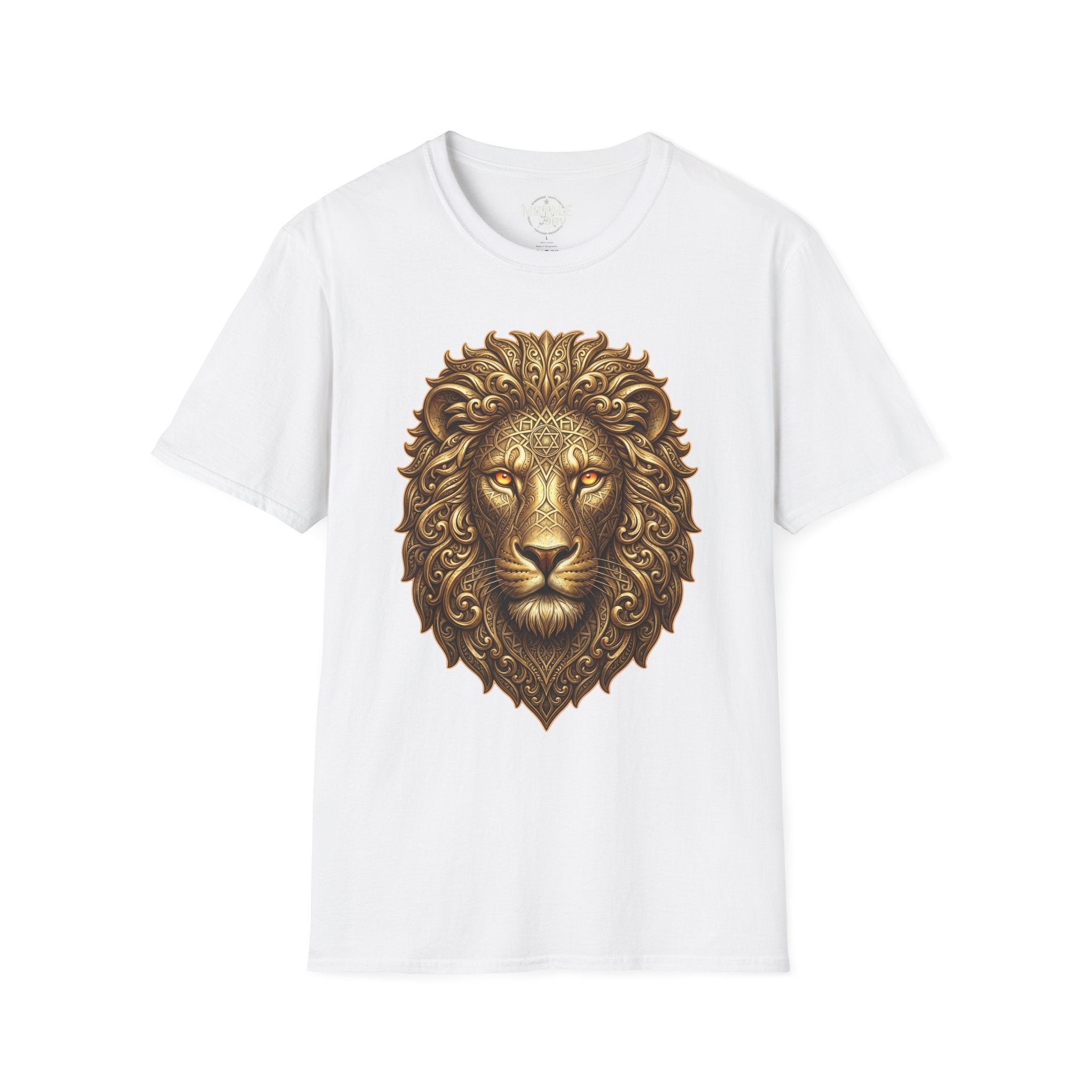 Ornate gold lion head t-shirt on white fabric, detailed mane graphic