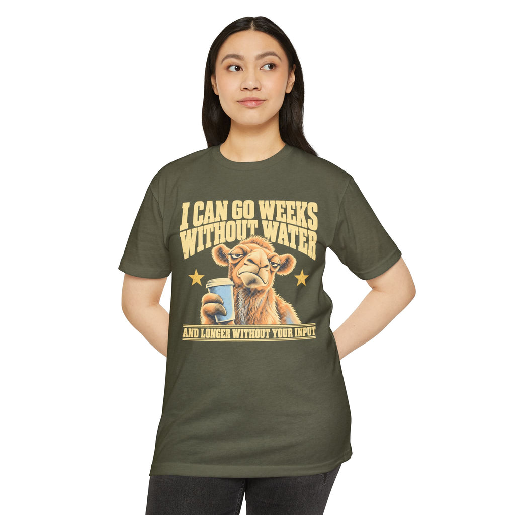 Olive unisex T-shirt on model with front camel coffee graphic and text print
