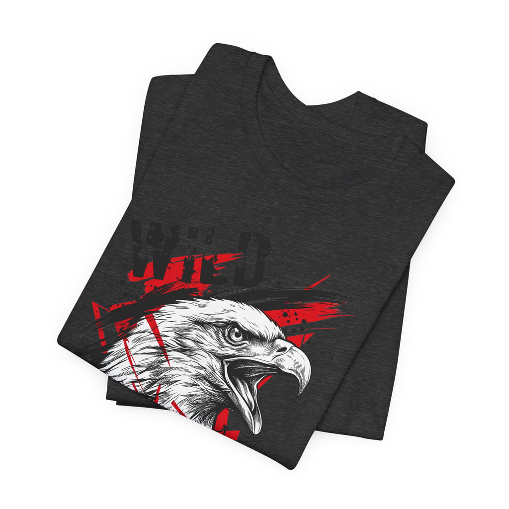 Dark gray crew-neck t-shirt with white eagle head and red splatter graphic.