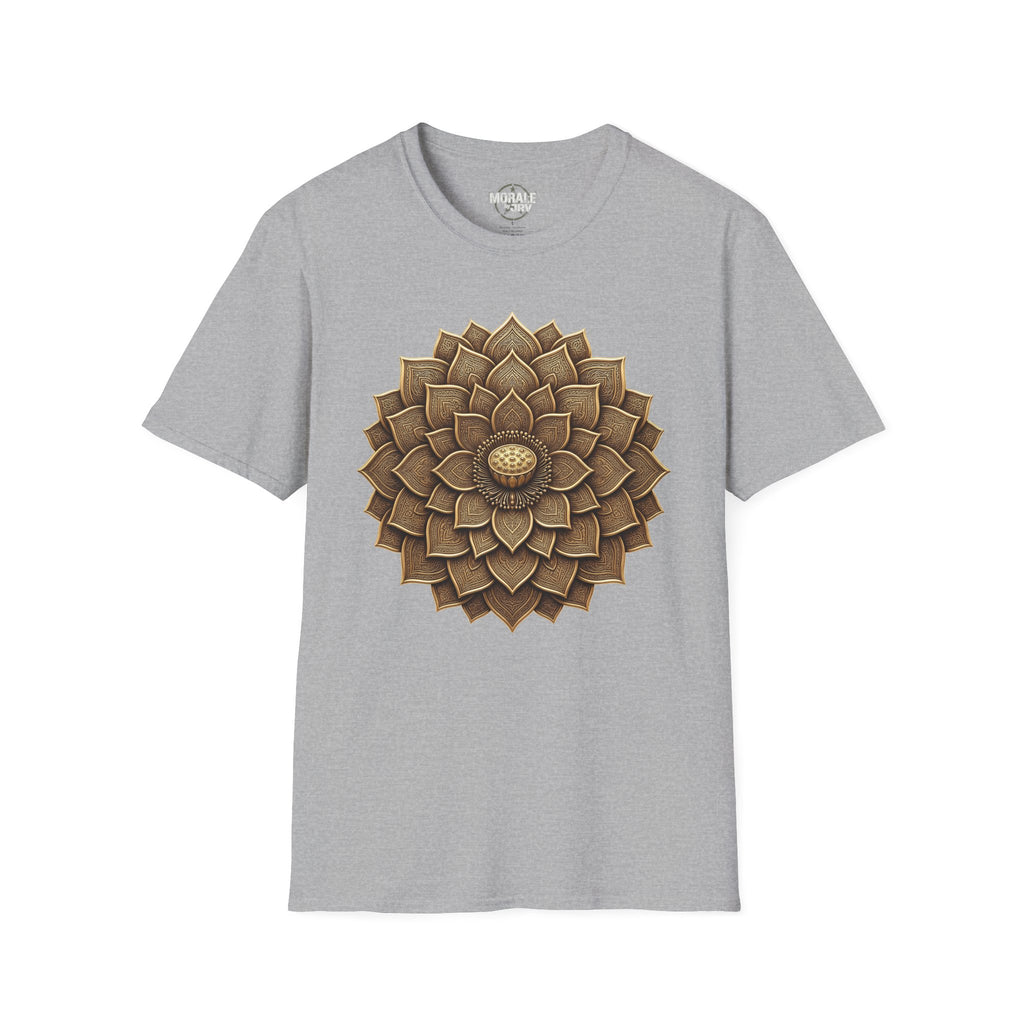 Sport grey T-shirt with bronze geometric flower mandala sunburst front print
