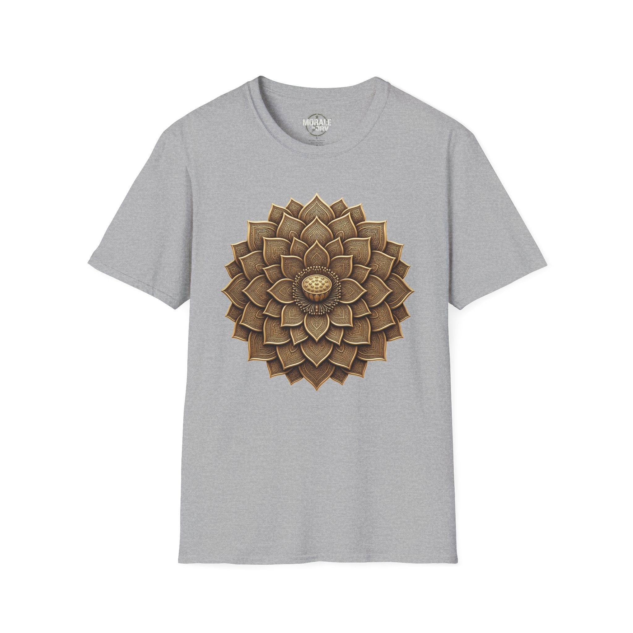 Sport grey T-shirt with bronze geometric flower mandala sunburst front print