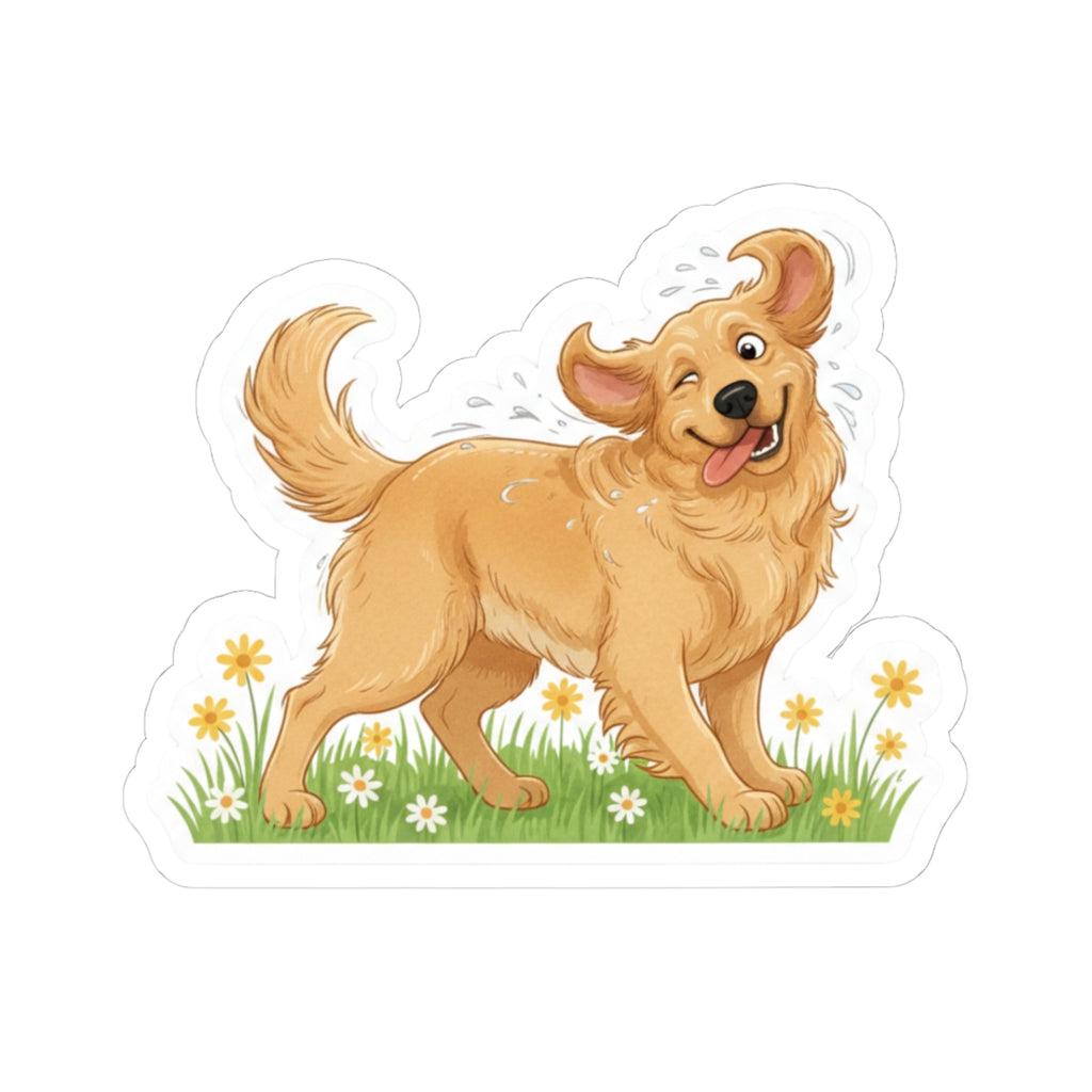 Happy Golden Retriever Shaking Off sticker, golden dog with water splash and daisies