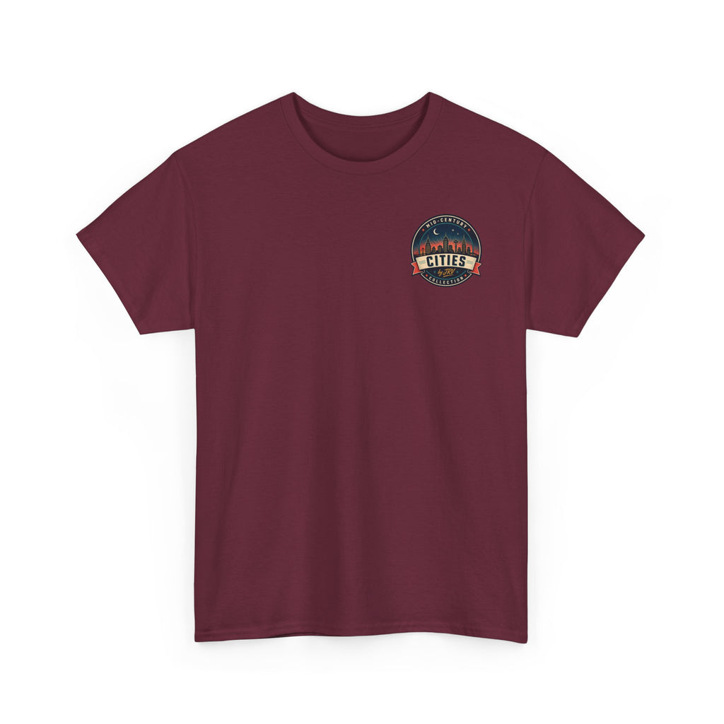 Maroon crewneck T-shirt with small round Cities patch on left chest