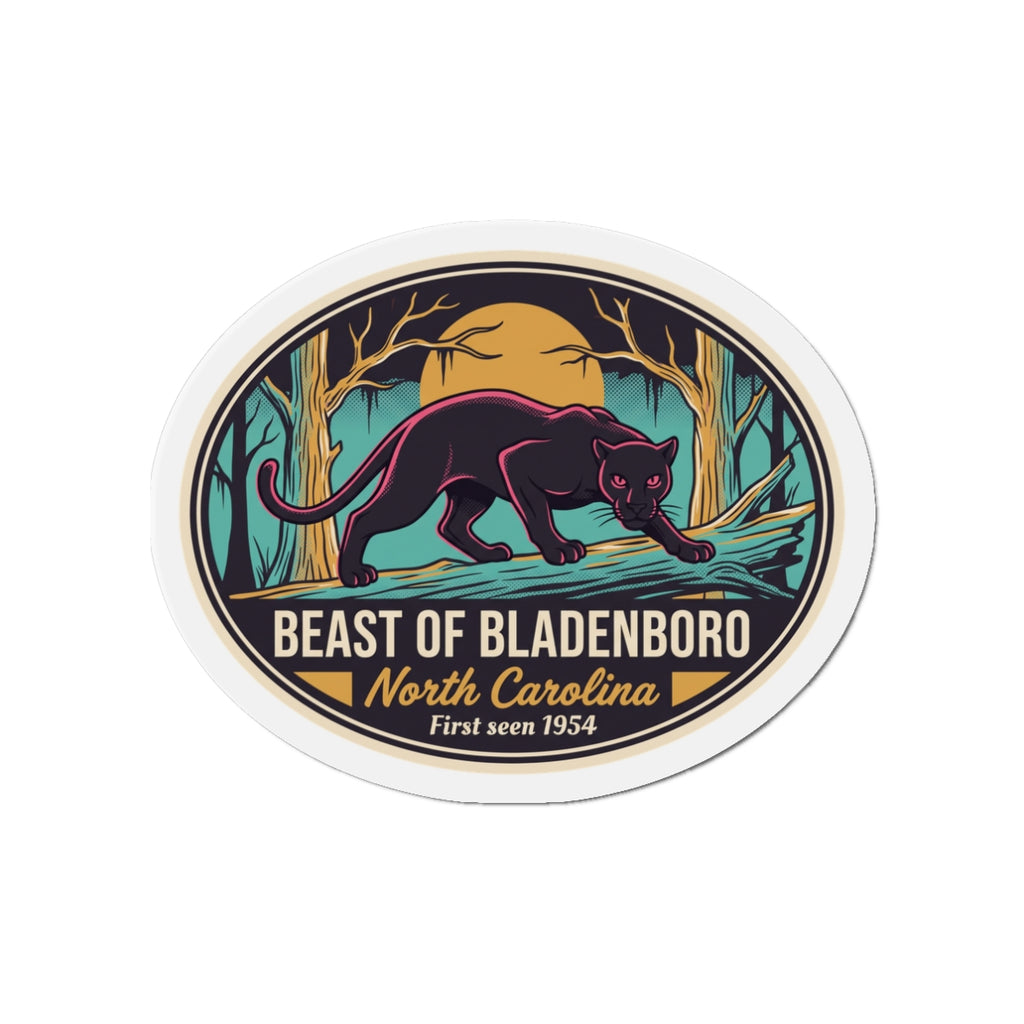 Die-cut circular magnet featuring a panther prowling in a woodland scene with “North Carolina”