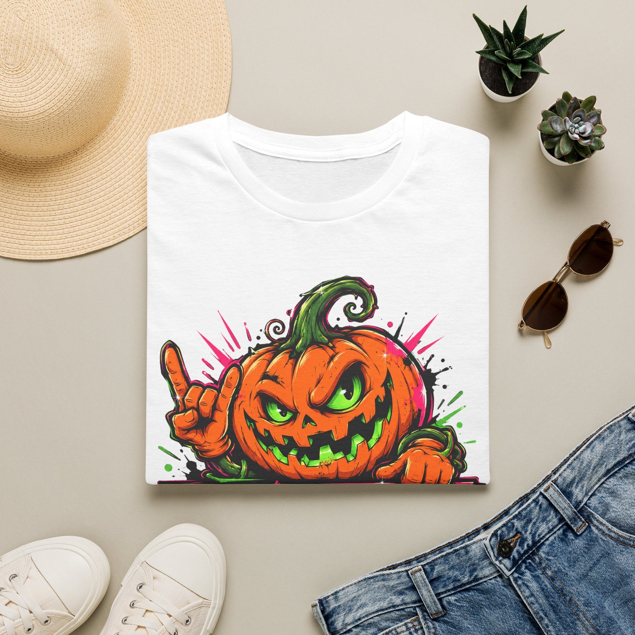 White short-sleeve T-shirt with colorful spooky jack-o-lantern graphic on chest