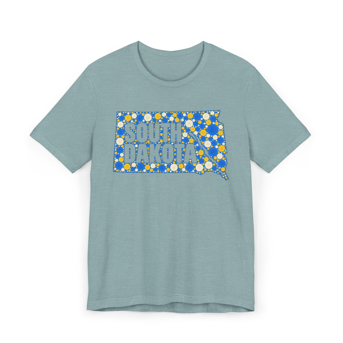 Light blue crewneck T-shirt with blue and yellow South Dakota polka-dot map graphic.