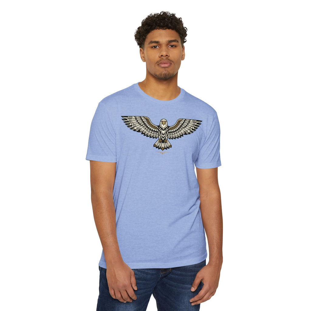 Blue unisex T-shirt with soaring owl graphic print centered on the chest.