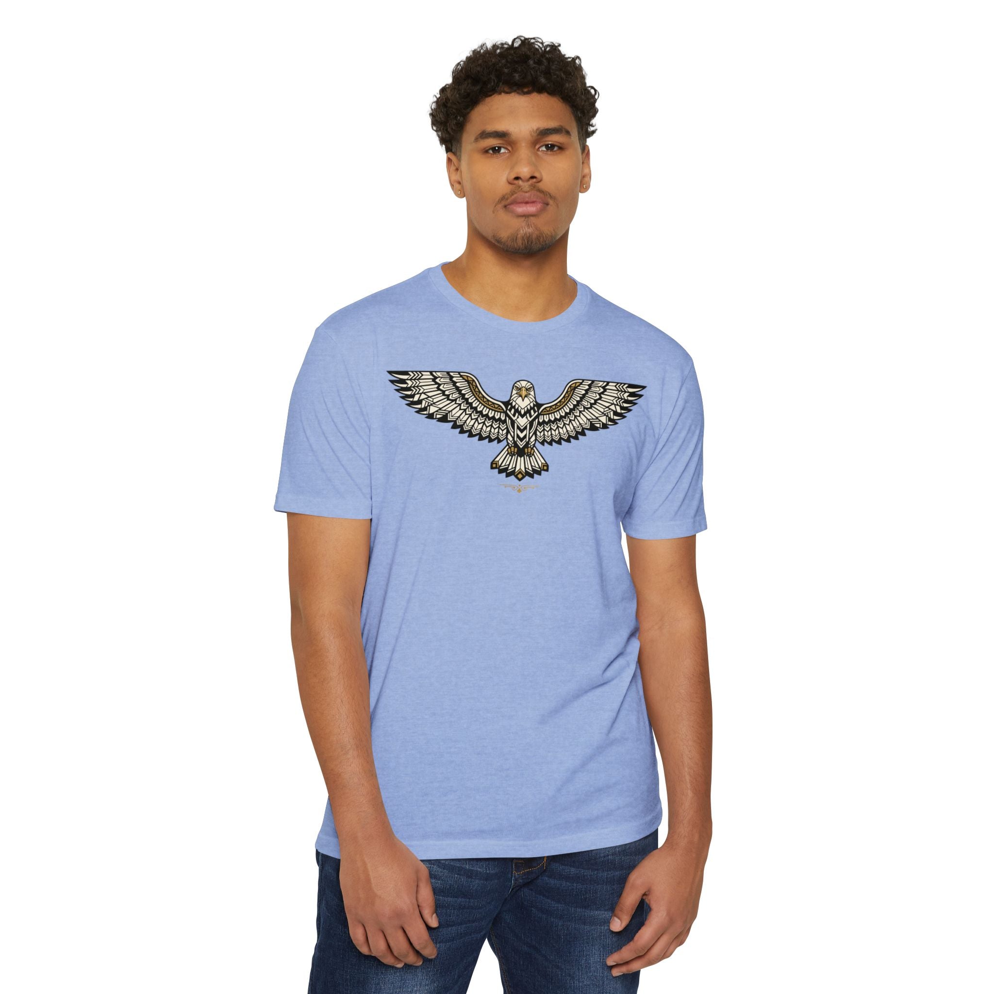 Blue unisex T-shirt with soaring owl graphic print centered on the chest.